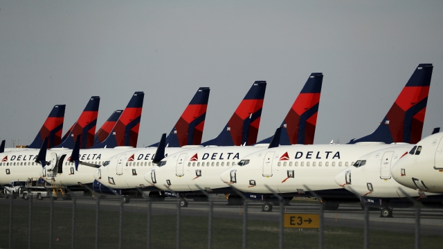 Delta Airlines jets parked at Kansas City International Airport in April.