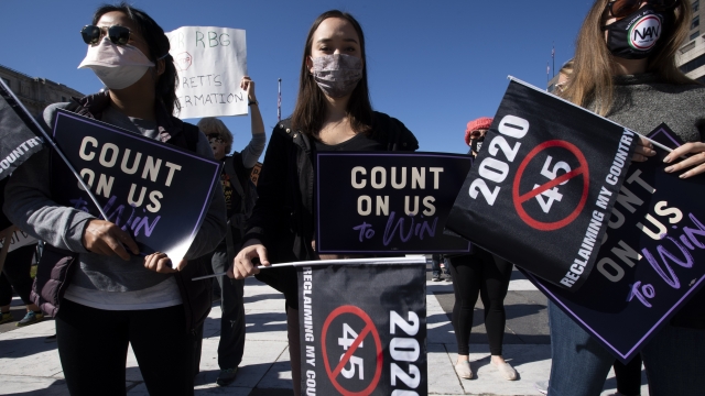 Women protests in DC; Holding signs that say "2020, No 45; Reclaiming my country" and "Count on us to win"
