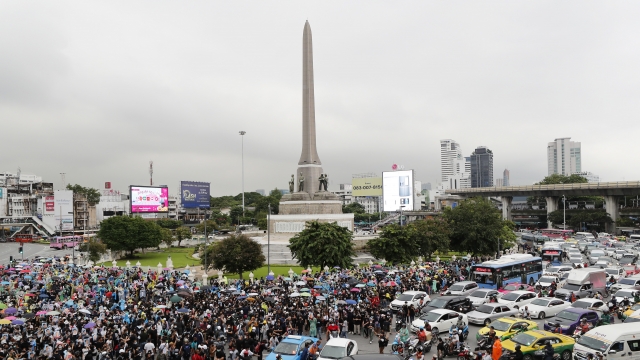 Pro-democracy protesters gathered at Victory Monument in Bangkok, Thailand on Sunday.