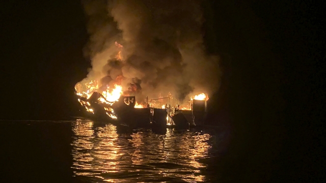 Dive boat Conception is engulfed in flames after a deadly fire broke out aboard the commercial scuba diving vessel.