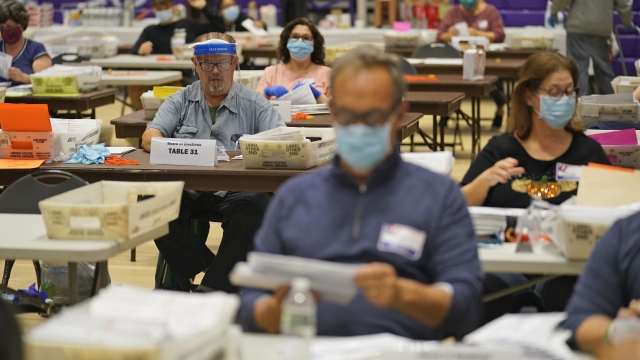 Poll workers process ballots