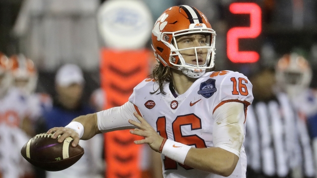 Clemson quarterback Trevor Lawrence looking to pass.