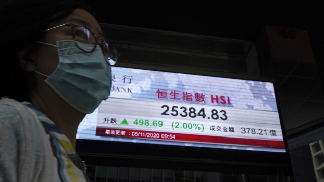 A woman wearing a face mask walks past a bank's electronic board showing the Hong Kong share index in Hong Kong.