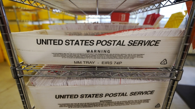 Mailed ballots fill U.S. Postal Service trays at the King County Elections office Tuesday, Nov. 3, 2020, in Renton, Wash.