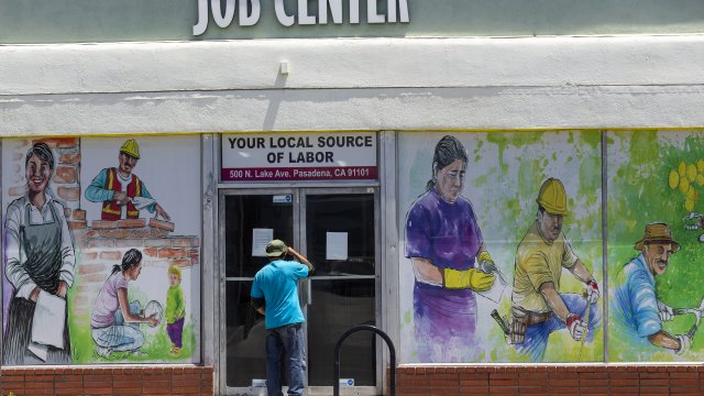 A man looks into a job center in California.