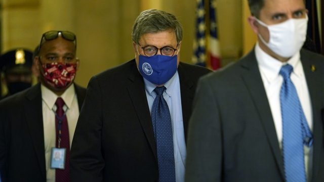 Attorney General William Barr leaves the office of Senate Majority Leader Mitch McConnell of Ky., on Capitol Hill.