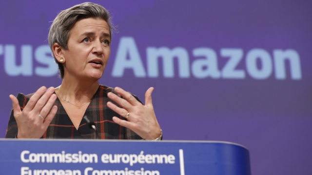 European Executive Vice-President Margrethe Vestager speaks during a press conference regarding an antitrust case with Amazon