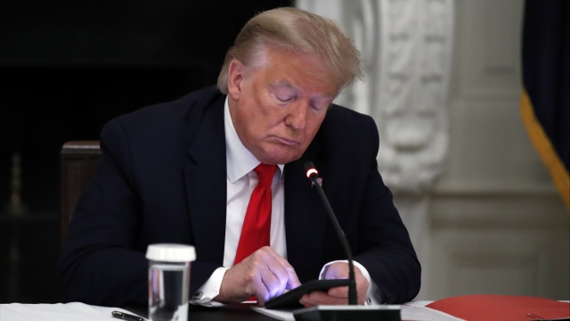 President Donald Trump looks at his phone