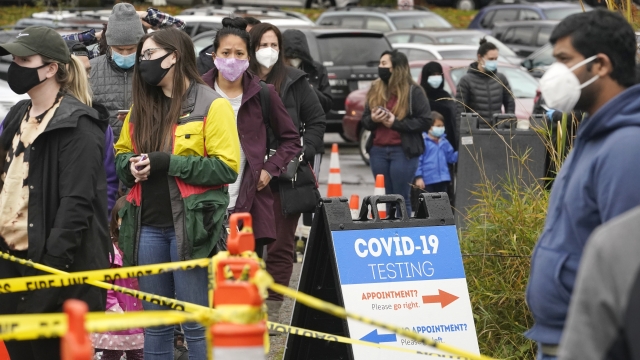 People line up to be tested for the coronavirus at a free testing site Wednesday, Nov. 18, 2020, in Seattle.