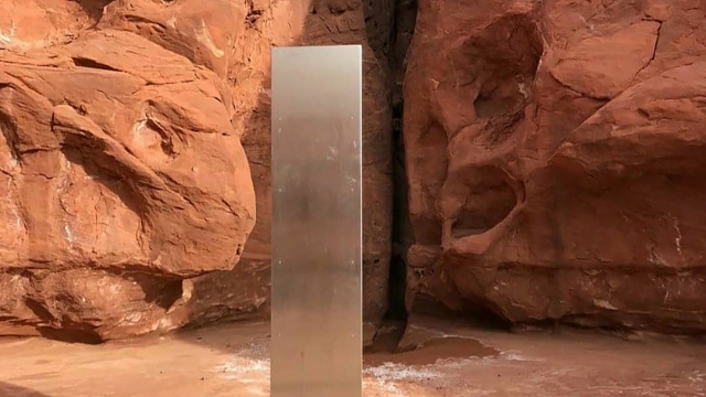 Photo provided by the Utah Department of Public Safety shows a metal monolith installed in the ground in a remote area.