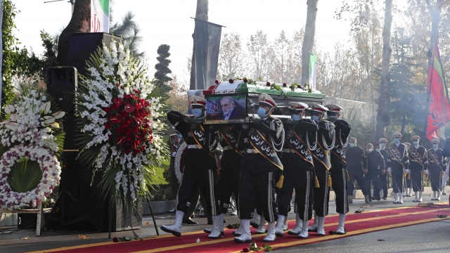 Military personnel carry the coffin of Mohsen Fakhrizadeh, a scientist who was killed on Friday, in a funeral ceremony