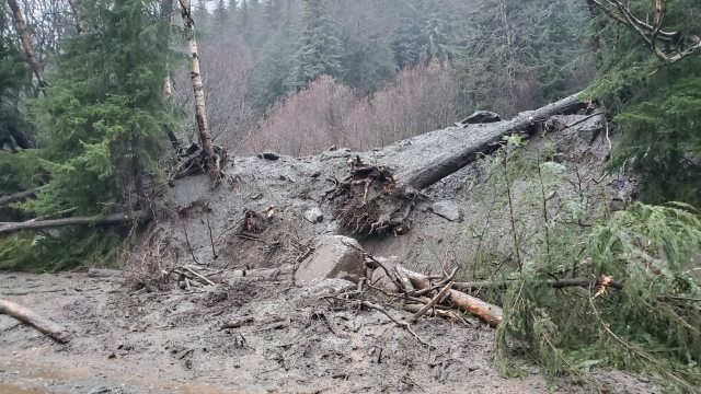 Damage from heavy rains and a mudslide 600 feet wide in Haines, Alaska