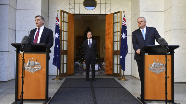 Australian Prime Minister Scott Morrison, Health Secretary Brendan Murphy and Health Minister Greg Hunt