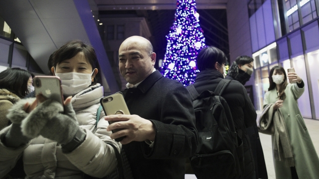 People stand near Christmas tree in Tokyo, Japan