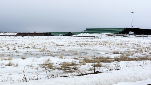 A storage yard for pipe that will be used in construction of the Keystone XL oil pipeline near the U.S.-Canada border.