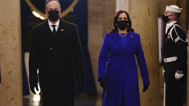 Vice President-elect Kamala Harris and Doug Emhoff arrive in the Crypt of the US Capitol