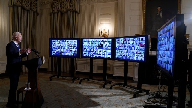 President Joe Biden speaks during a virtual swearing in ceremony of political appointees