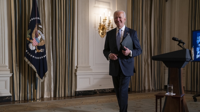 President Joe Biden leaves after attending a virtual swearing in ceremony of political appointees from the White House.