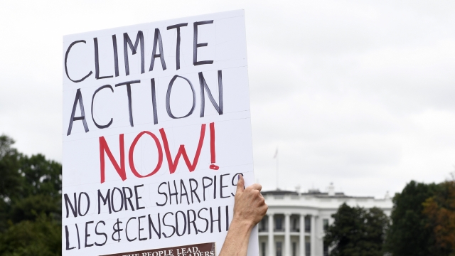 Protesters sign calling for climate action in front of the White House.