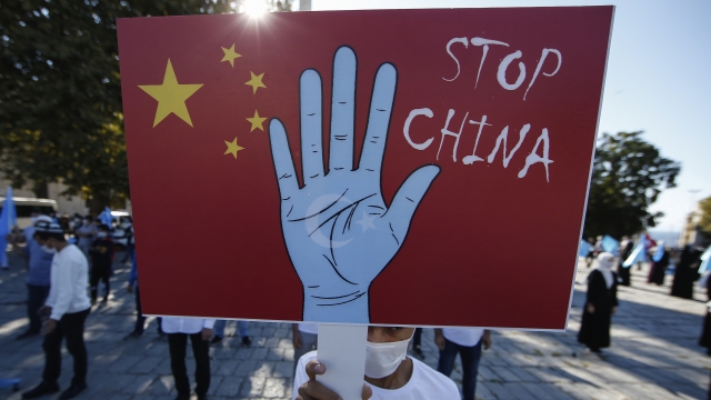 An anti-China protester holds up a placard at a protest