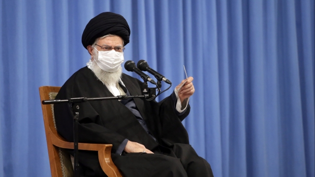 Iran Supreme Leader Ayatollah Ali Khamenei speaks with mask on.