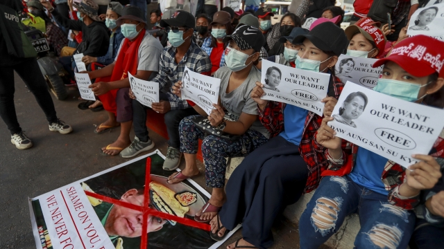 Demonstrators gather to protest the military coup in Myanmar.