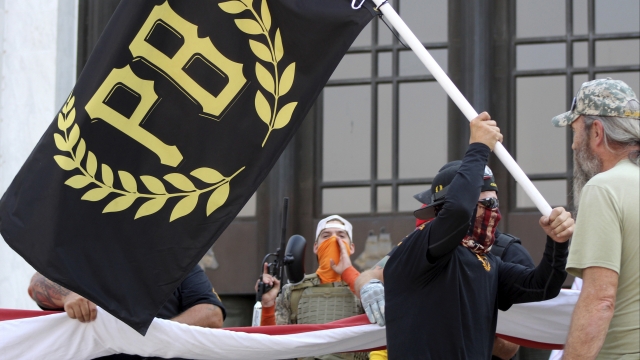 A protester carries a Proud Boys banner