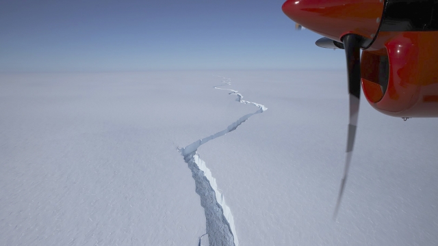 An aerial view of a massive crack in the Brunt Ice Shelf in Antarctica