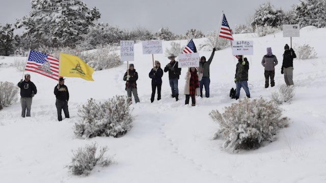 Protesters stand in the snow.
