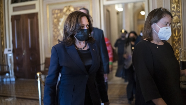 Vice President Kamala Harris arrives to break the tie on a procedural vote as the Senate works on the COVID relief package