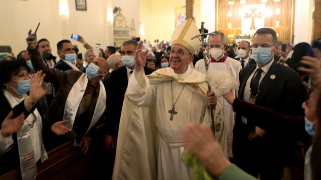 Pope Francis leaves Mar Youssef Church in Baghdad on Saturday.