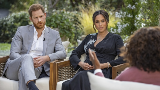 Prince Harry, from left, and Meghan, Duchess of Sussex, in conversation with Oprah Winfrey.