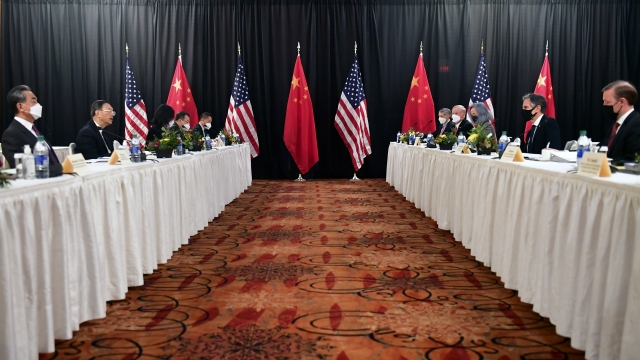 American and Chinese diplomats meet in Anchorage, Alaska.