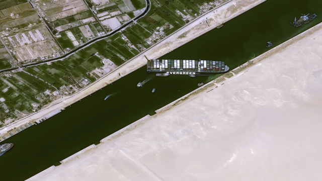 The cargo ship MV Ever Given stuck in the Suez Canal near Suez, Egypt.