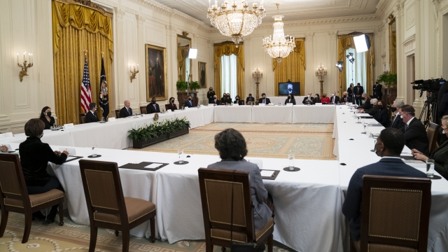 President Joe Biden speaks during a Cabinet meeting in the East Room of the White House.