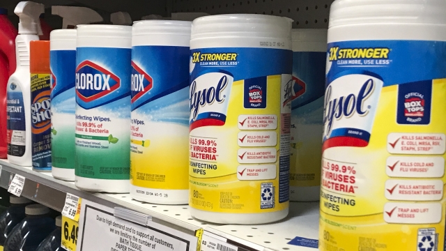 Containers of Lysol and Clorox disinfecting wipes