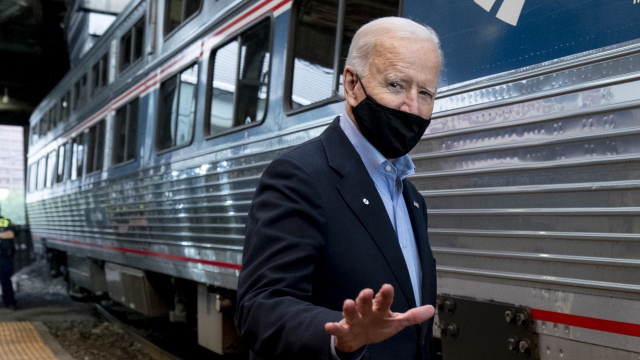 Joe Biden boards the train at Amtrak's Pittsburgh Train Station, Sept. 30, 2020.
