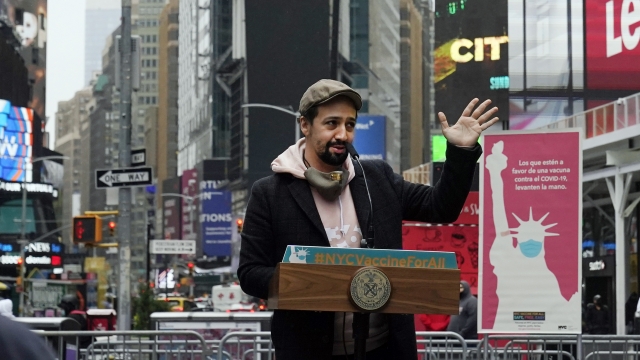 Lin-Manuel Miranda in Times Square after he toured the grand opening of a Broadway COVID-19 vaccination site