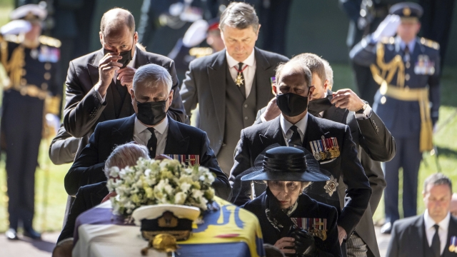 Pall Bearers carry the coffin of the Duke of Edinburgh into St George's Chapel for his funeral.
