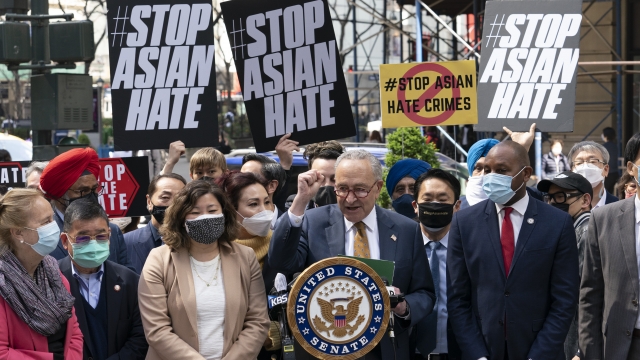 Senate Majority Leader Chuck Schumer speaks at a news conference to discuss an Asian-American hate crime bill.