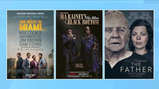 Movie posters for "One Night In Miami," "Ma Rainey's Black Bottom" and "The Father"