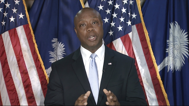 Sen. Tim Scott of South Carolina delivers the Republican response to Pres. Biden's address to a joint session of Congress.