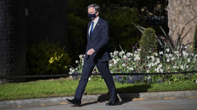 US Secretary of State Antony Blinken arrives for a meeting with Britain's Prime Minister Boris Johnson.