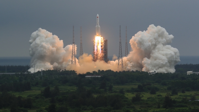 A Long March 5B rocket carrying a module for a Chinese space station lifts off from the Wenchang Spacecraft Launch Site.