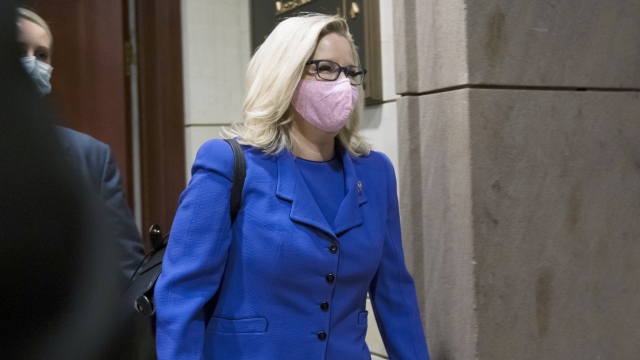 Rep. Liz Cheney, R-Wyo., arrives as House GOP members meet to decide whether she should be removed from her leadership role.