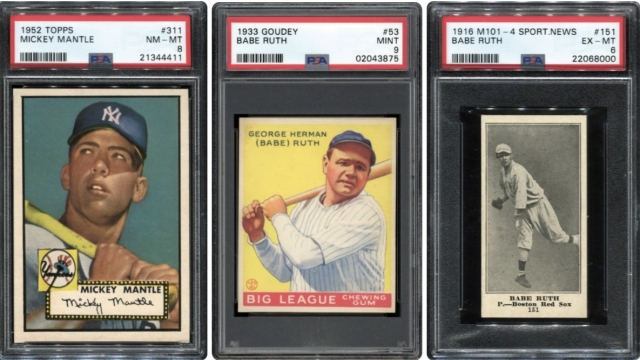 Vintage Mickey Mantle and Babe Ruth baseball cards from the collection of Dr. Thomas Newman.