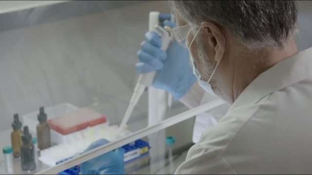 A researcher works in a lab.