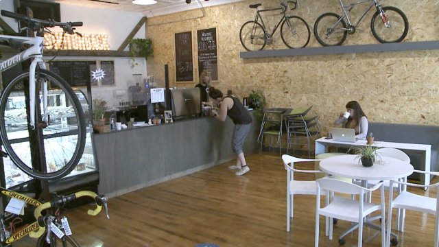 A cafe inside a bike shop.