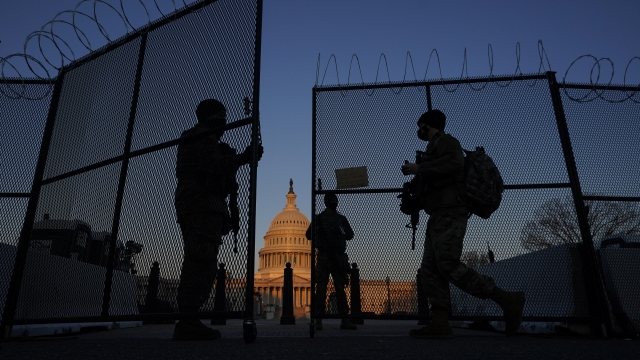 Members of the National Guard positioned outside the U.S. Capitol.