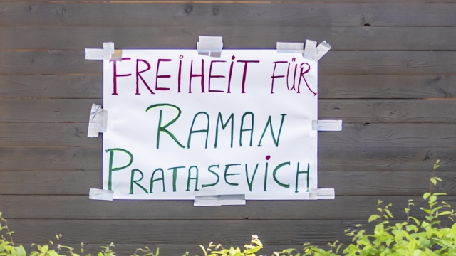 Sign reading "Freedom for Raman Pratasevich" (Roman Protasevich) in from the the Belarus Embassy in Berlin, Germany.